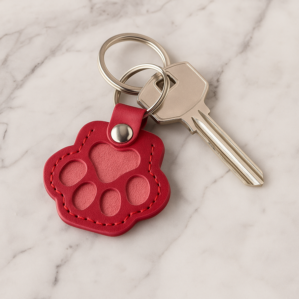 Red pet hair memorial keychain attached to a key, displayed on a marble surface.