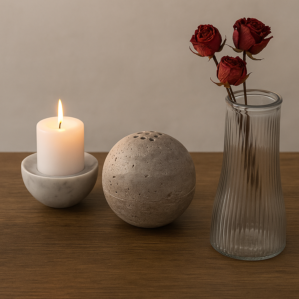 Burning candle, stone incense burner and dry roses in vase displayed on a wooden surface.