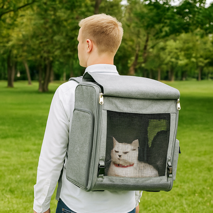 Person carrying a grey pet carrier with a cat inside, set against a green outdoor background.