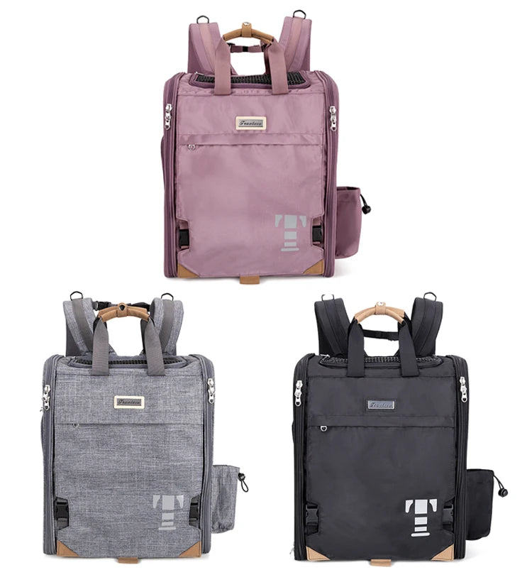Three pet carriers backpacks in purple, grey, and black on a white background.