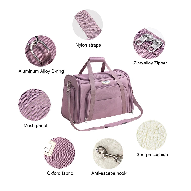 Expandable pink pet carrier with features displayed on a white background.
