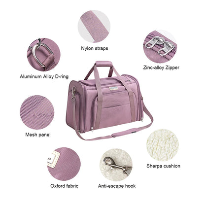 Expandable pink pet carrier with features displayed on a white background.
