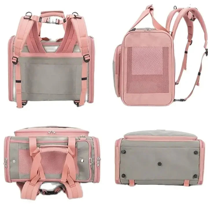 Pink pet carrier backpack with multiple views on a white background