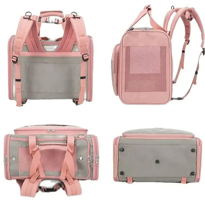 Pink pet carrier backpack with multiple views on a white background