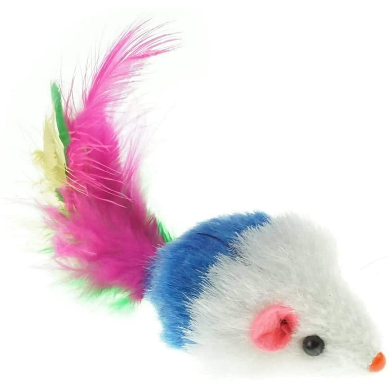 Cat toy mouse made of plush with feather tail.
