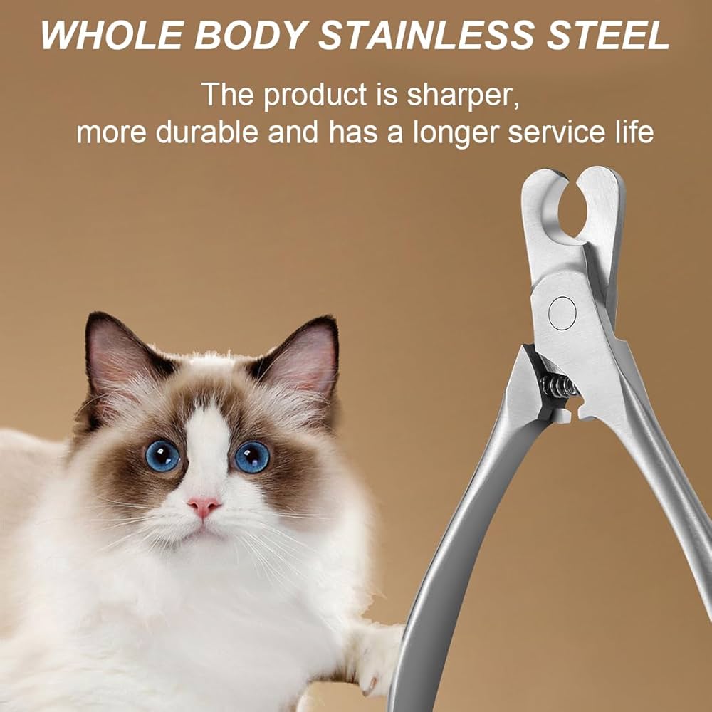 Cat claw nail clipper made fully of stainless steel, displayed next to a white cat,  showing its durability, sharpness and longer service life.
