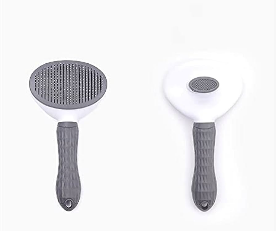 Front and back view of grey stainless steel self-cleaning slicker brush with rounded stainless steel bristles and plastic grip.
