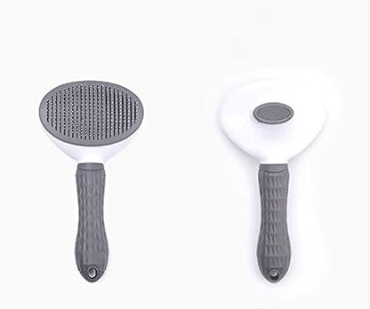Front and back view of grey stainless steel self-cleaning slicker brush with rounded stainless steel bristles and plastic grip.