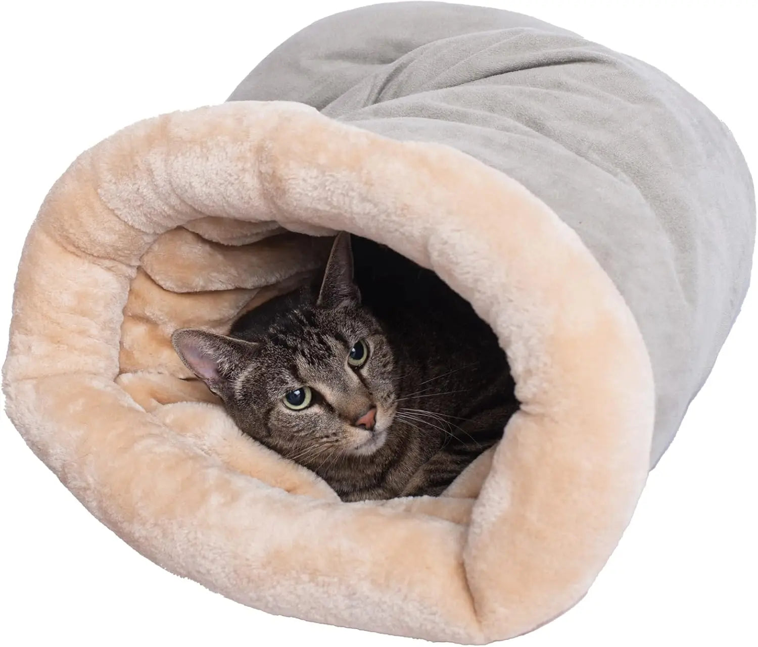 Cat peeking out from a plush, beige and grey pet sleeping bag on a white background.