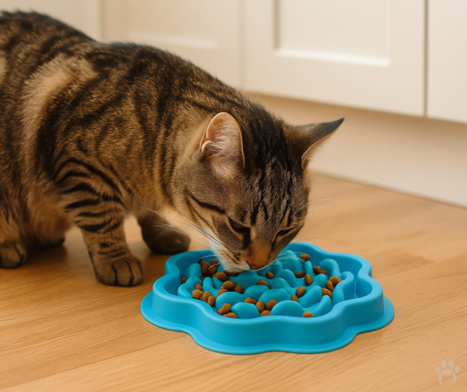 Tabby cat eating from a silicone pet slow feeder on a wooden floor.