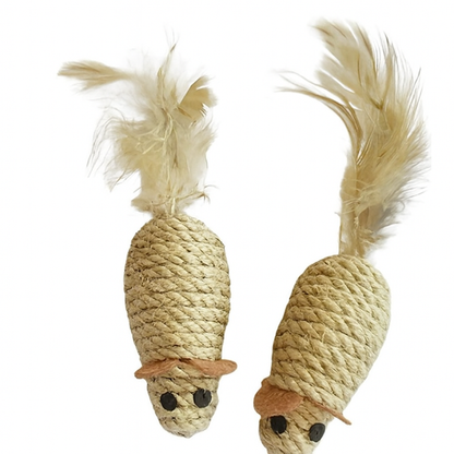 two sisal mouse toys with feather tails displayed on a white background.