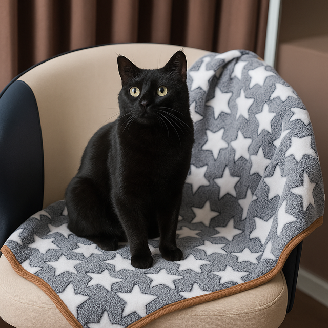 Black cat sitting on Stardust Grey coral fleece cat blanket with white star pattern on beige armchair - soft blanket for cats.