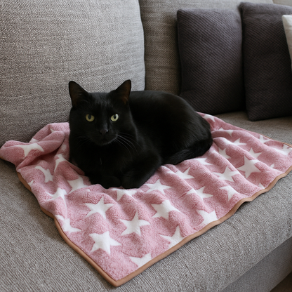 Black cat sitting on Stardust Pink coral fleece cat blanket with white star pattern, thrown on grey sofa - soft blanket for cats.