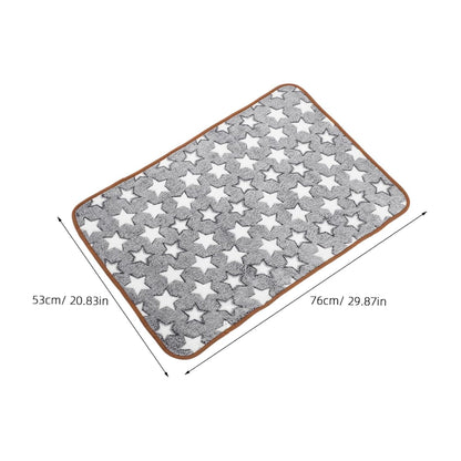 Stardust Grey coral fleece cat blanket with white star pattern and brown trim - soft blanket for cats on white background with measurements. 