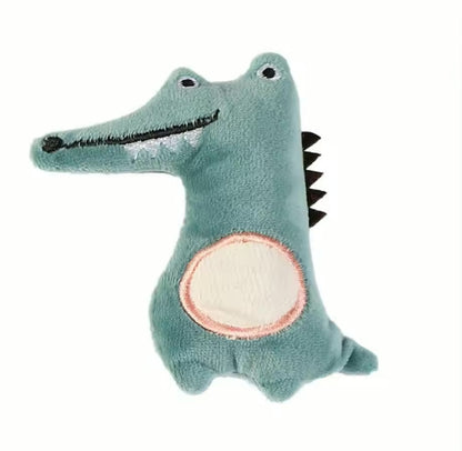 Green plush dinosaur toy for cats displayed on a white background