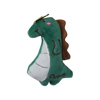 Green dragon-shaped plush cat toy on a white background