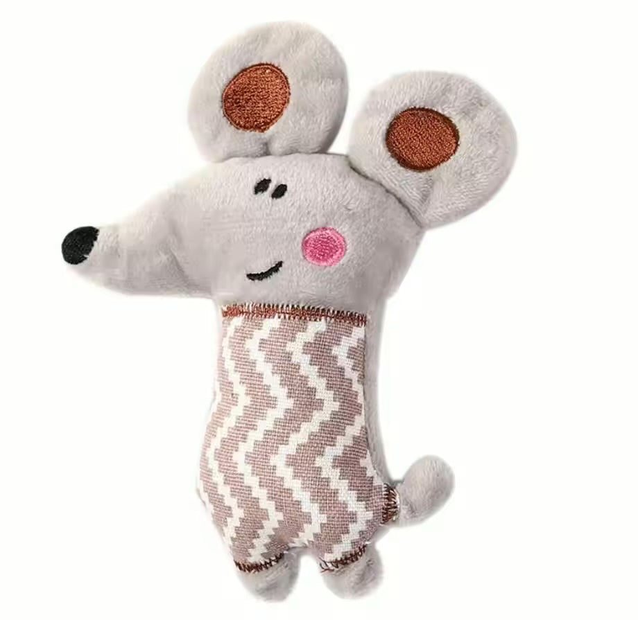 Plush toy mouse with a patterned sweater on a white background