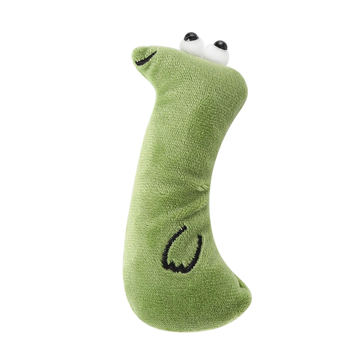 Green plush toy shaped like a snake on a white background