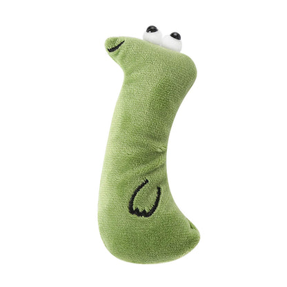 Green plush toy shaped like a snake on a white background