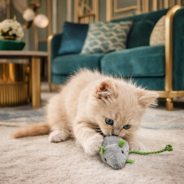 Ginger kitten plays with grey soft mouse cat toy in an art deco living room.