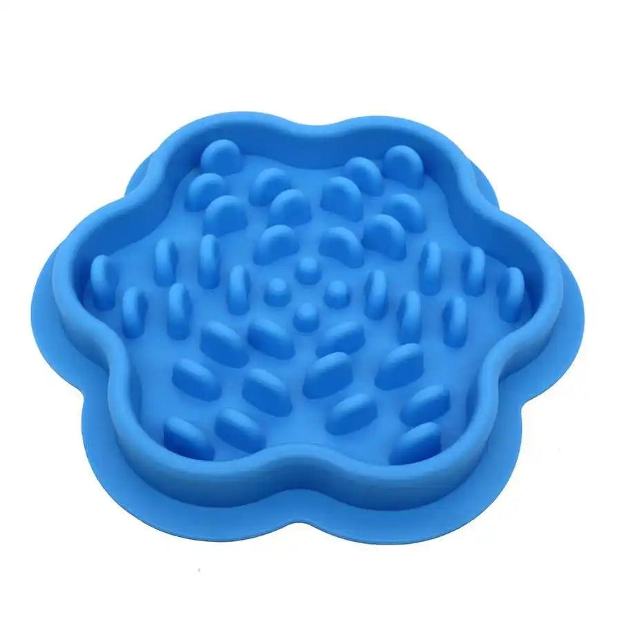 Blue silicone pet slow feeder displayed on a white backround.
