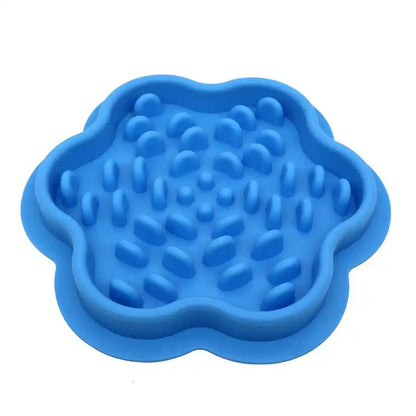 Blue silicone pet slow feeder displayed on a white backround.