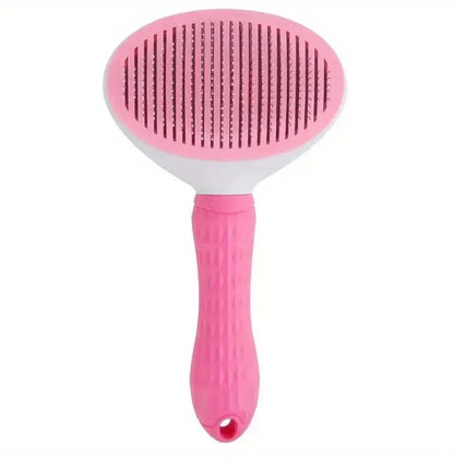 Front view of pink stainless-steel self-cleaning slicker brush with rounded metal bristles and plastic grip.