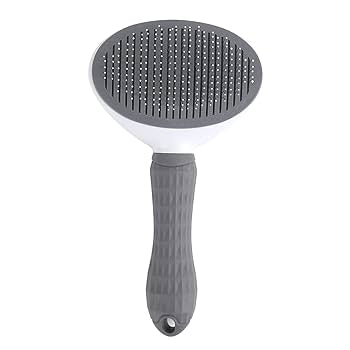 Front view of grey stainless steel self grooming brush for cats displayed on a white background.