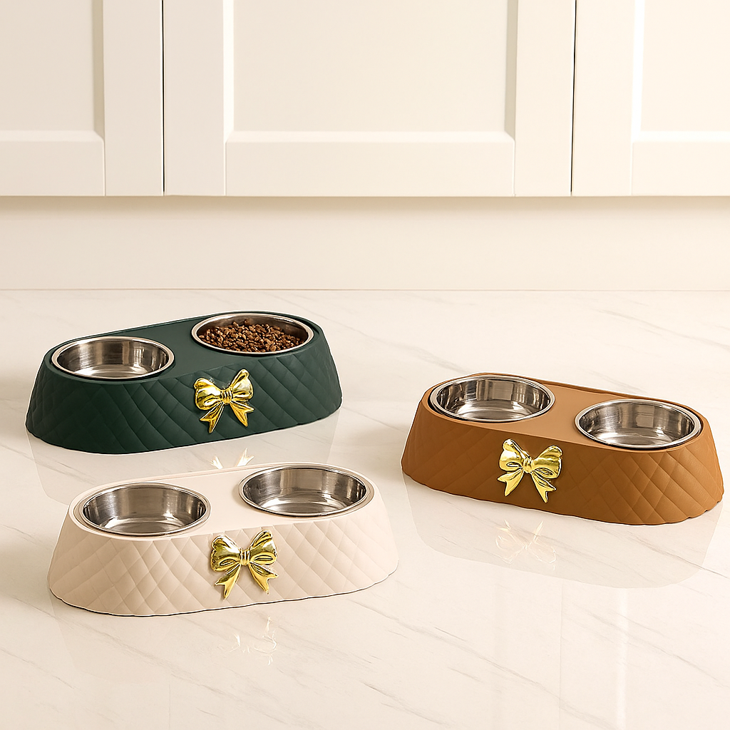 Three colour variants of stainless steel cat bowl set with a bow design displayed on a white marble floor.