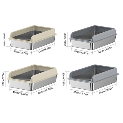 Two variants of a premium stainless steel enclosed cat litter box: white and grey with measurements, displayed on a white background.