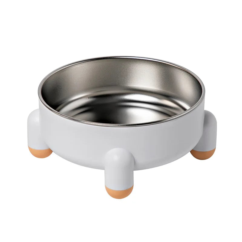 White stainless steel elevated cat bowl with four legs displayed on a white background.