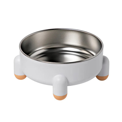 White stainless steel elevated cat bowl with four legs displayed on a white background.