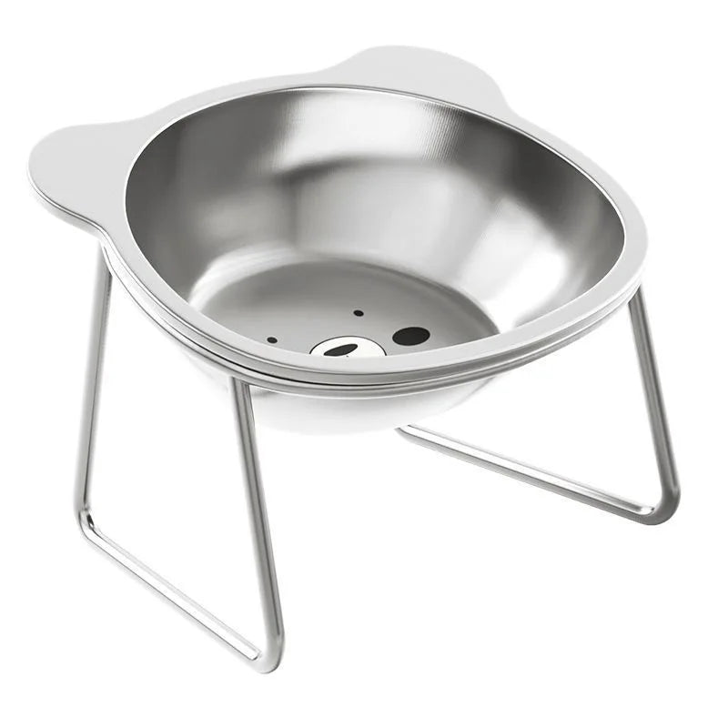 Stainless steel elevated cat bowl with  cute animal-shaped contour and metal stand displayed on a white background.