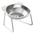 Stainless steel elevated cat bowl with  cute animal-shaped contour and metal stand displayed on a white background.