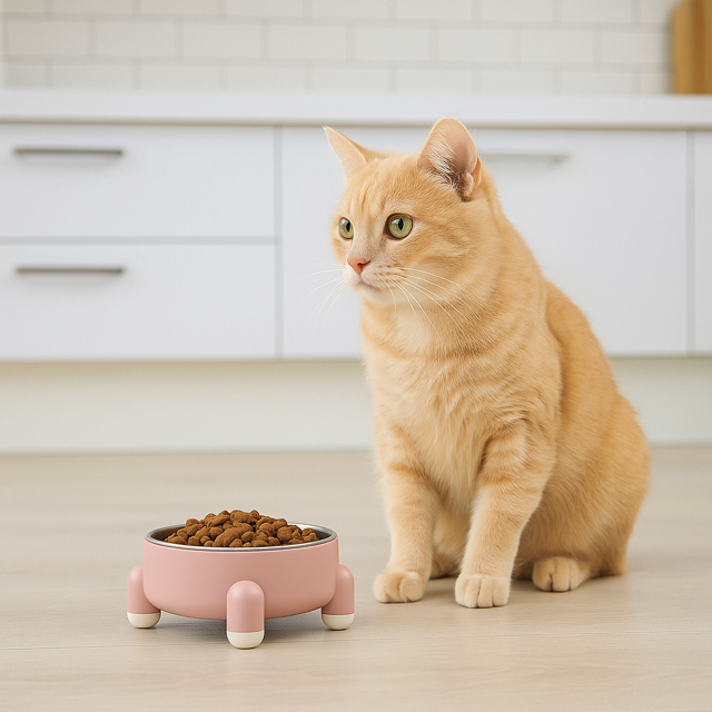 Ginger cat sitting next to a pink four-legged cat bowl filled with dry food on a bright kitchen floor. 