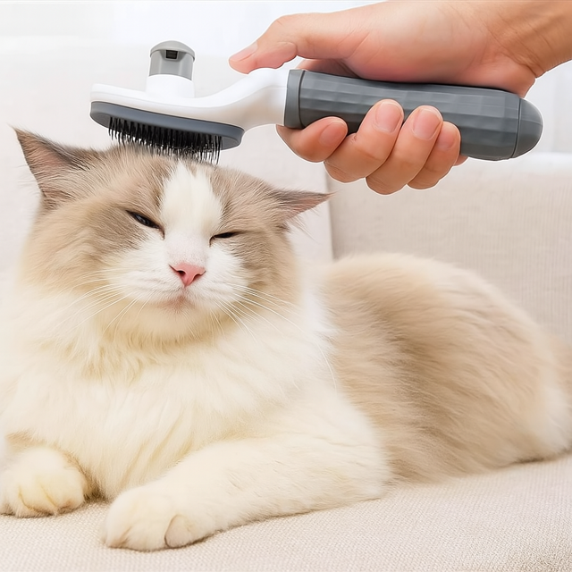 Ragdoll cat being gently groomed with stainless steel self-cleaning slicker brush with rounded metal bristles for cat grooming.