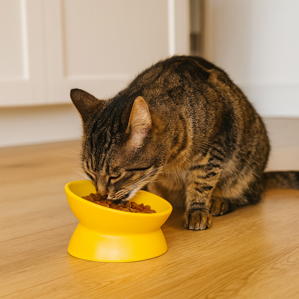Tabby cat eating dry food from a yellow elevated ceramic blow on a wooden floor.