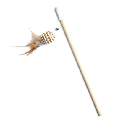Interactive cat wand toy with wooden handle and feather ball attachment - teaser playing stick for cats