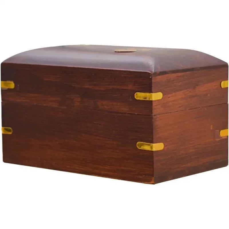 Timber cremation box for pet ashes seen from back on a white background.