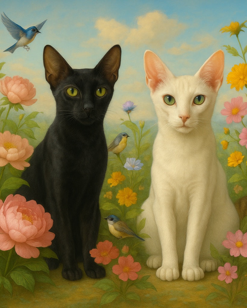Two cats, one black and one white, sitting in a floral garden with birds.