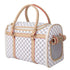 Pet carrier with checkered pattern and beige accents on a white background