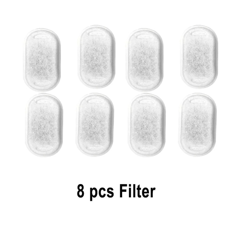 Set of eight filters for a 2.2L stainless steel pet water fountain on a white background.