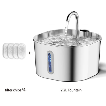 Stainless steel pet water fountain with four filter chips on a white background.