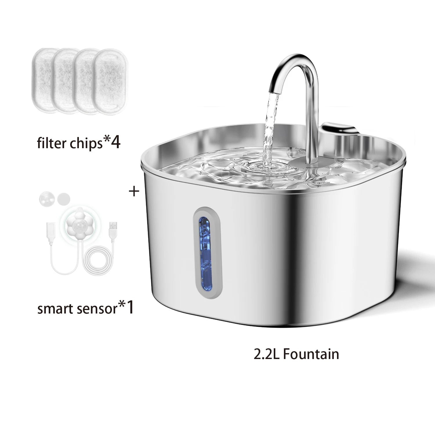 Stainless steel pet water fountain with filter chips and smart sensor on a white background.