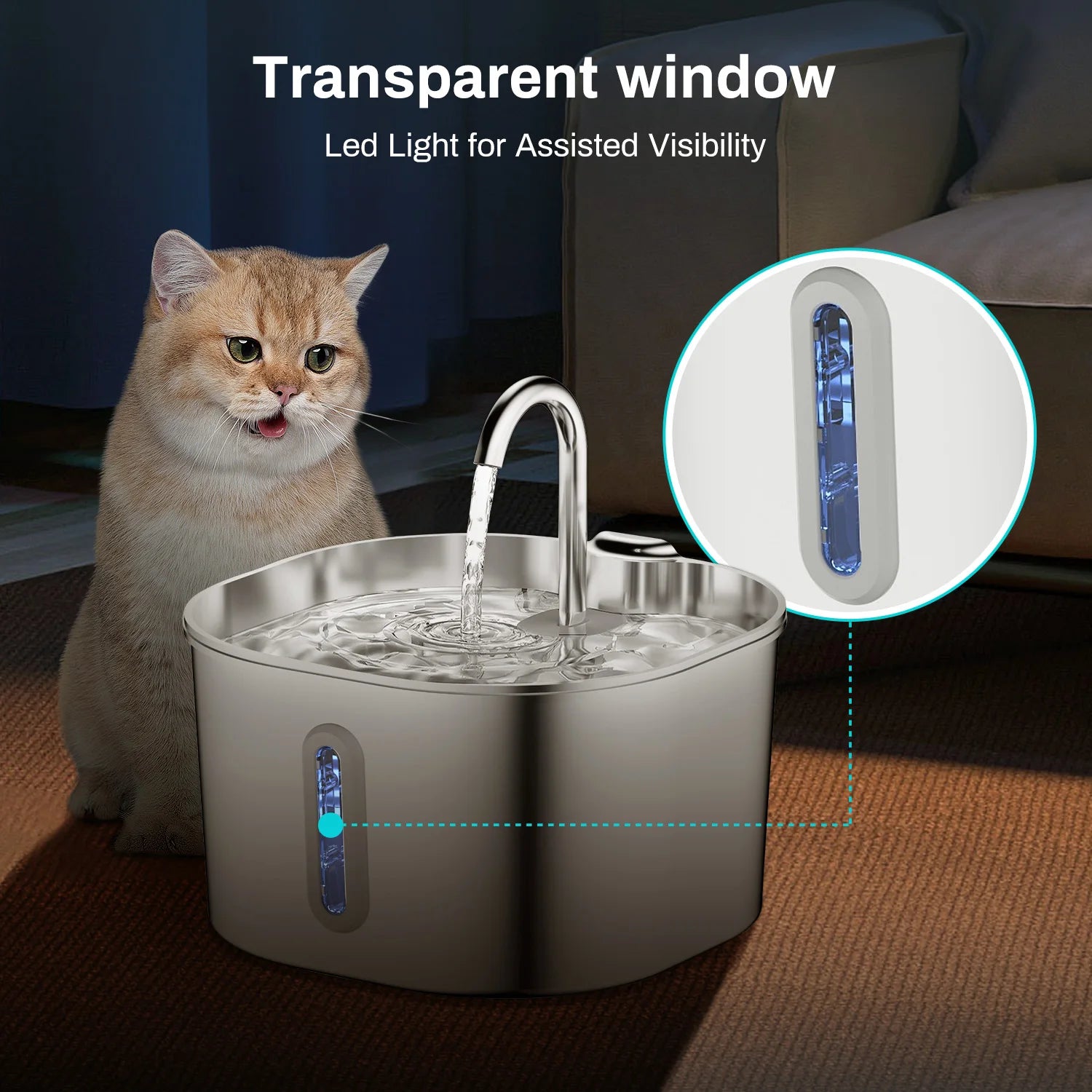 Cat sitting next to a pet water fountain with a transparent water-level window.