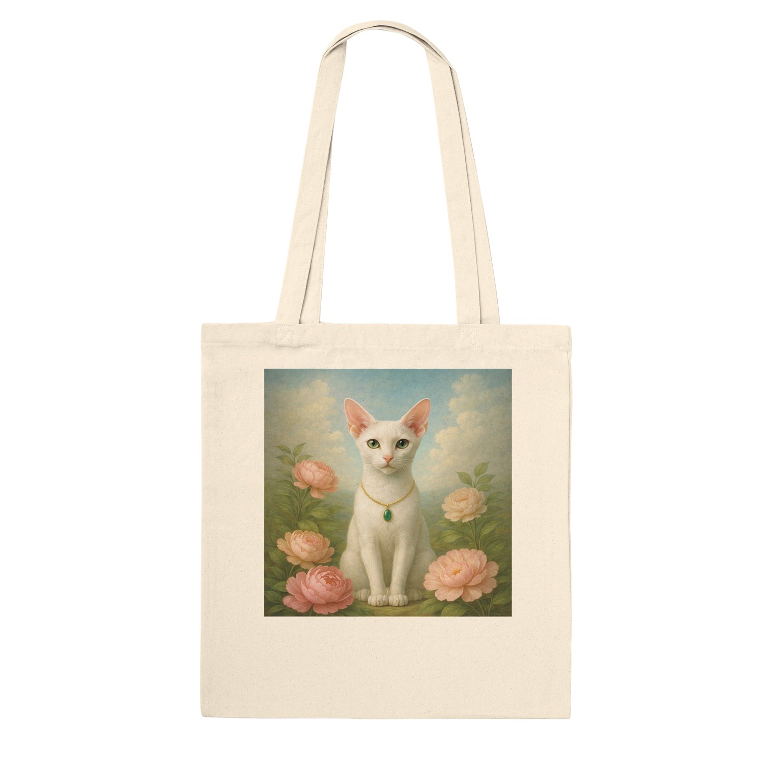 White cotton bag with a white cat print displayed on a white background.