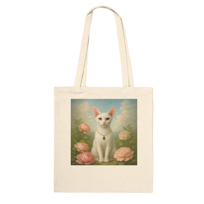 White cotton bag with a white cat print displayed on a white background.