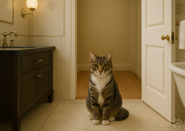 Tabby cat sitting at the toilet floor.
