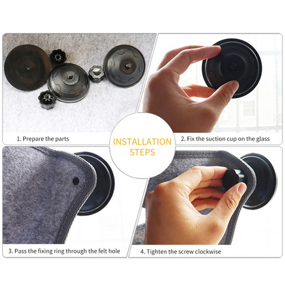 Step-by-step instruction how to instal window bed for cats; including fixing suctions to the glass and attaching the cat felt hammock.