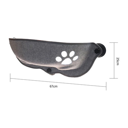 Window bed for cats made with grey felt shown with measurements on a white backrgound.